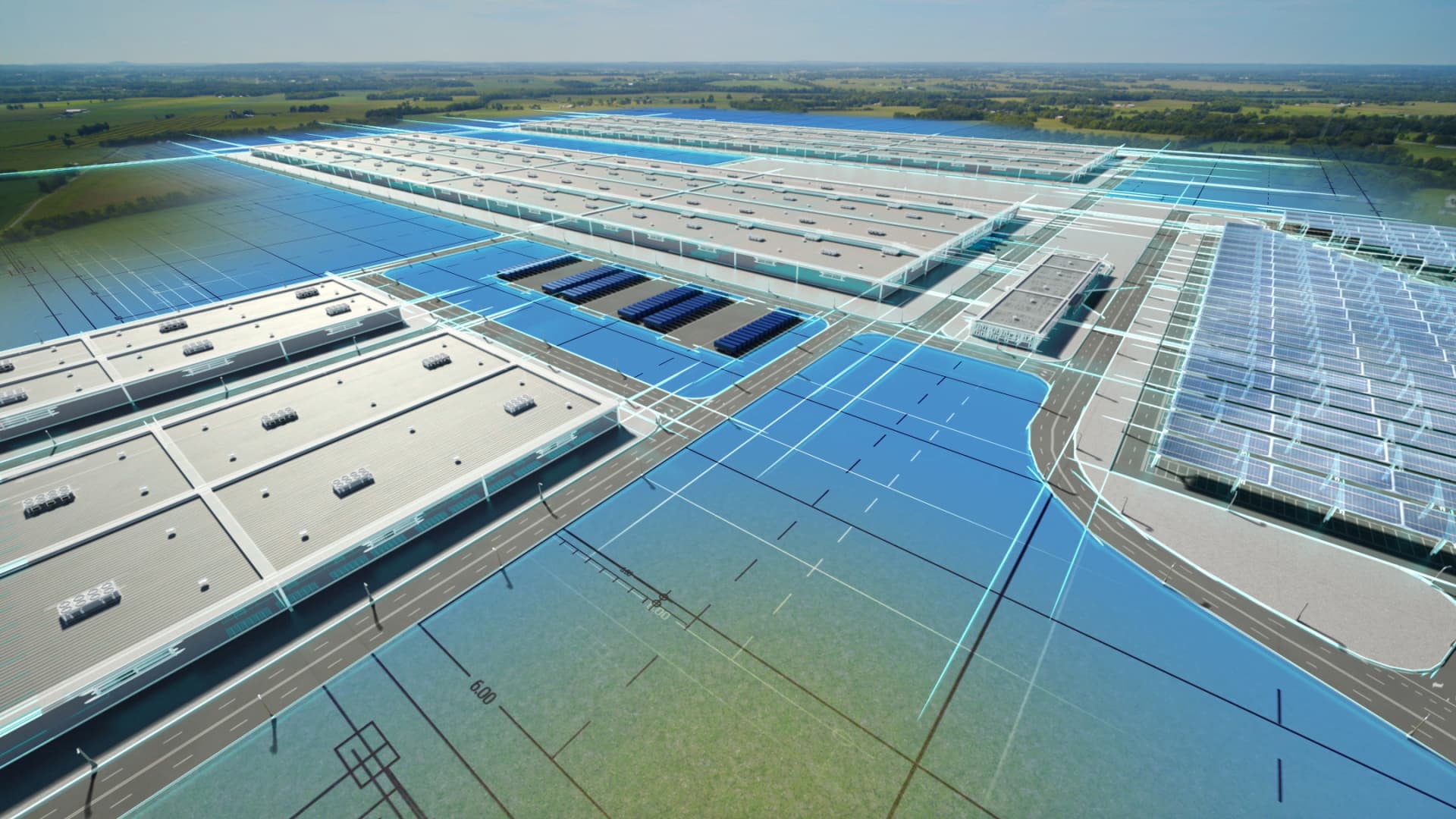 A battery manufacturing complex U.S automaker Ford Motor Co and its South Korean battery partner SK Innovation plan to build in Kentucky, opening in 2025, is seen in an artist's rendition released September 27, 2021.