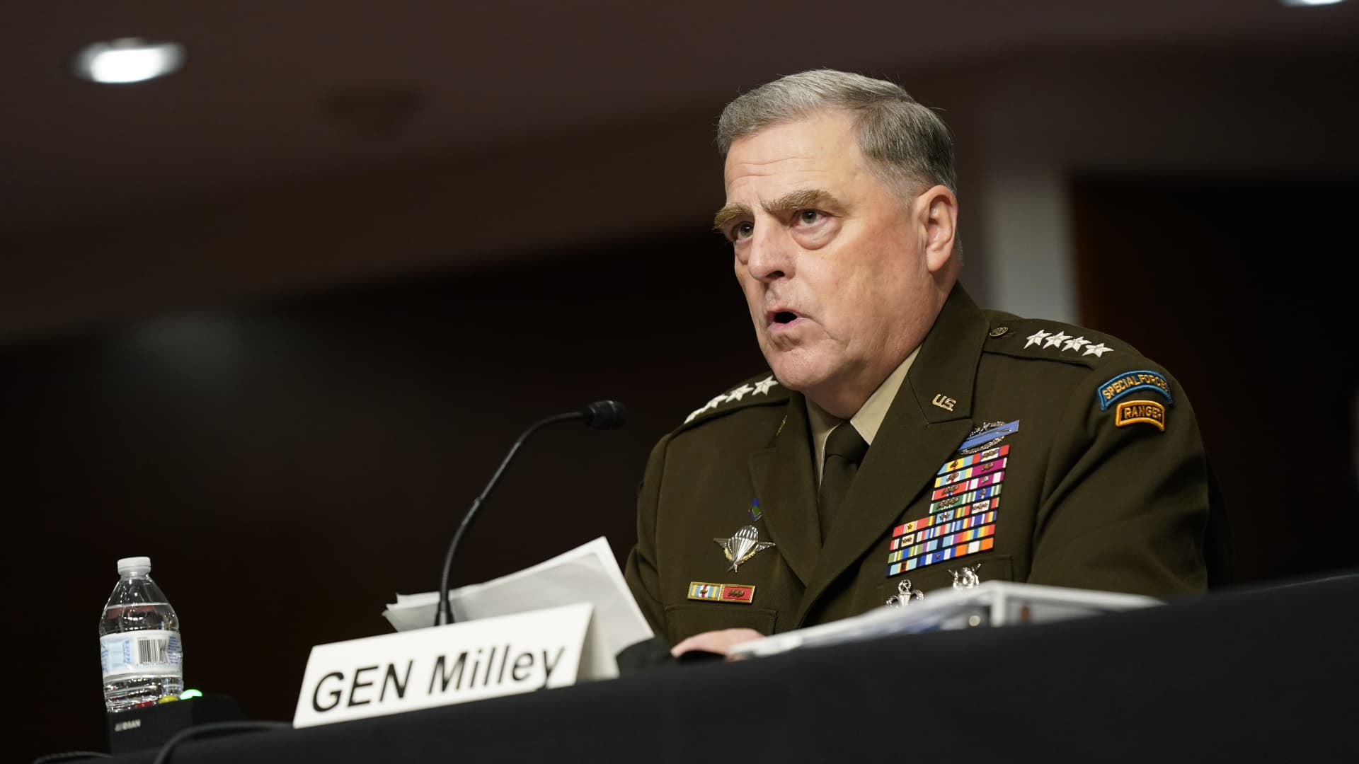Chairman of the Joint Chiefs of Staff Gen. Mark A. Milley speaks during a Senate Armed Services Committee hearing on the conclusion of military operations in Afghanistan and plans for future counterterrorism operations on Capitol Hill on September 28, 2021 in Washington, DC.