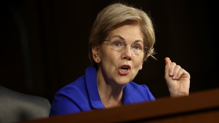 Sen. Elizabeth Warren (D-MA) questions Treasury Secretary Janet Yellen and Federal Reserve Chairman Powell during a Senate Banking, Housing and Urban Affairs Committee hearing on the CARES Act, at the Hart Senate Office Building in Washington, DC, U.S., September 28, 2021. Kevin Dietsch | Reuters