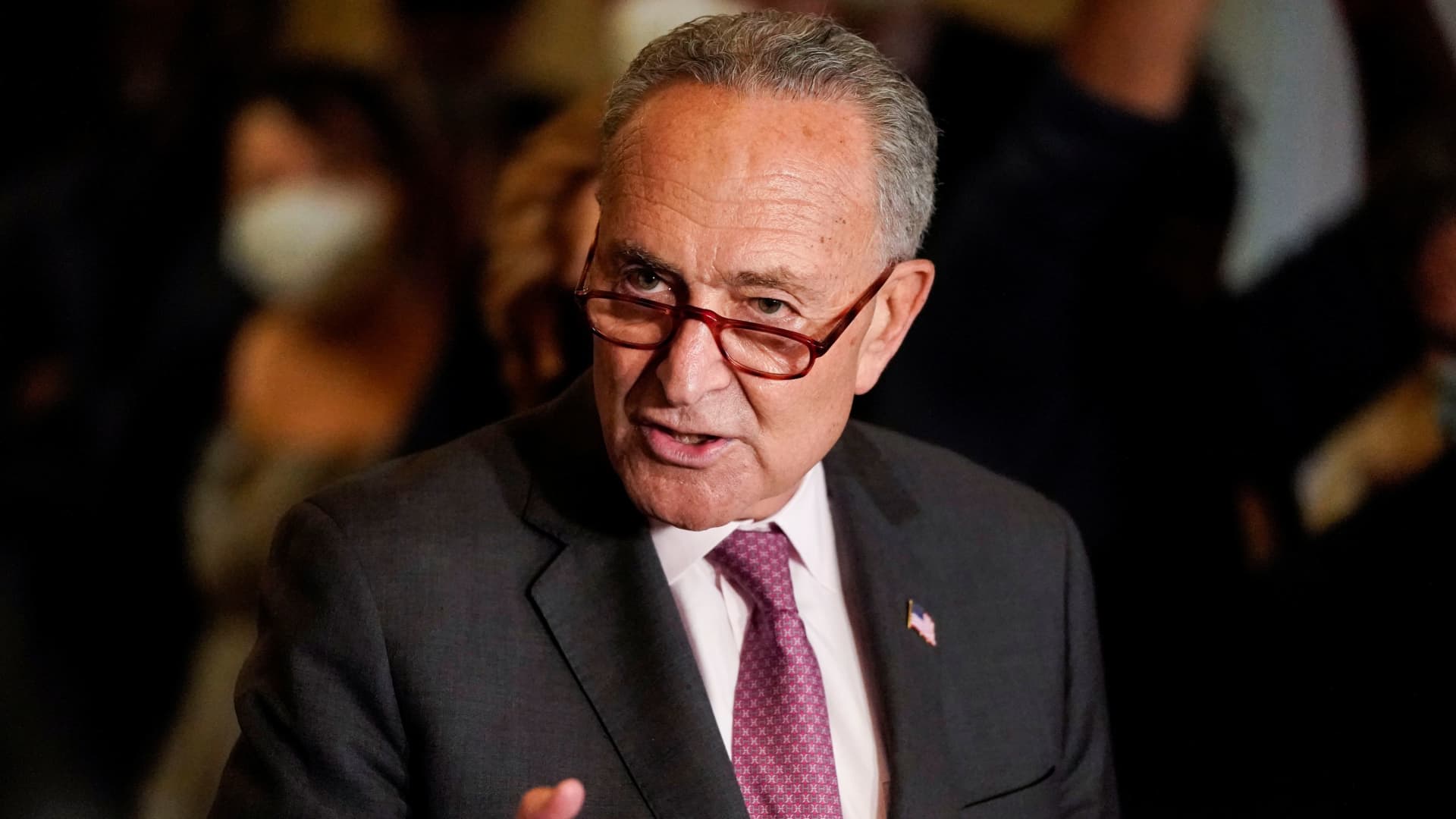 U.S. Senate Majority Leader Chuck Schumer (D-NY) speaks to reporters following the Senate Democrats weekly policy lunch at the U.S. Capitol in Washington, U.S., September 28, 2021.