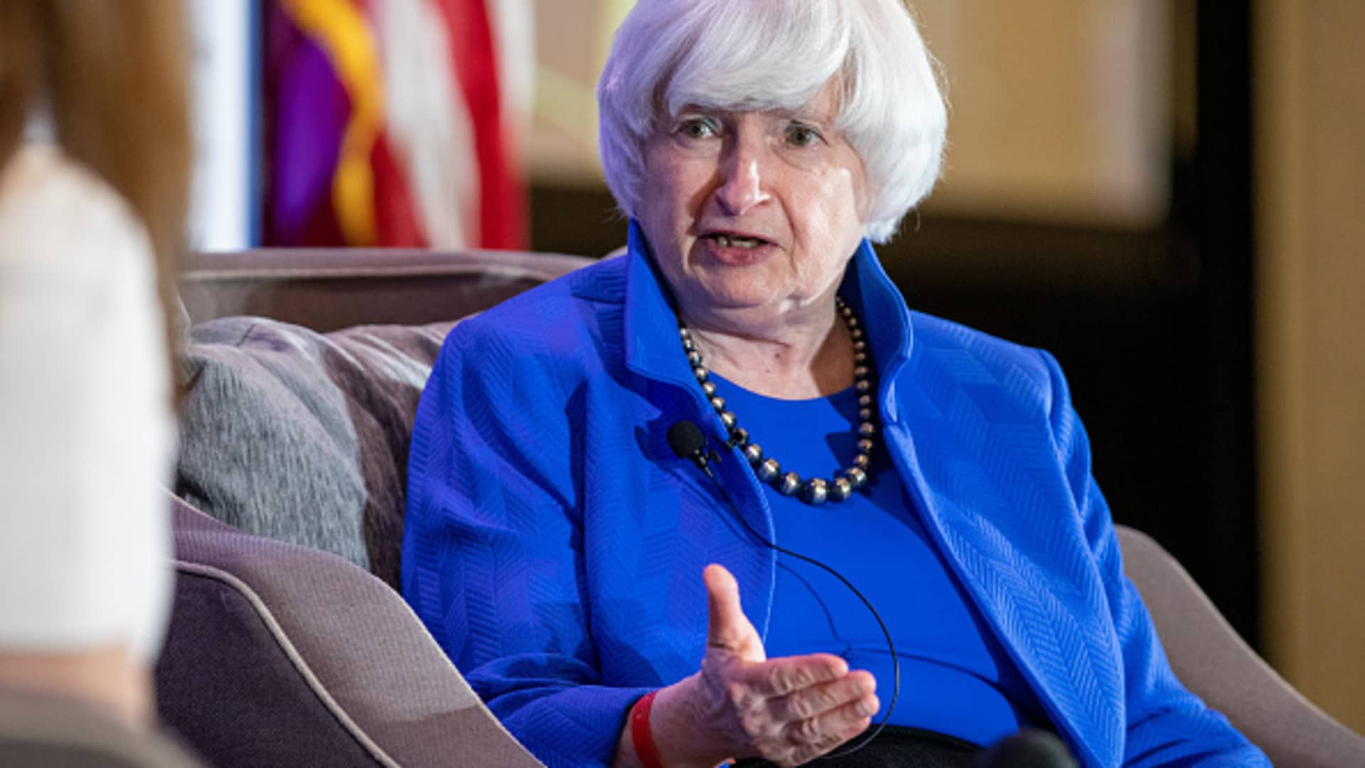 Janet Yellen, U.S. Treasury secretary, speaks during an interview at the National Association of Business Economics (NABE) annual meeting in Arlington, Virginia, U.S., on Tuesday, Sept. 28, 2021.
