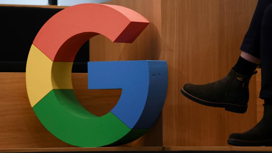 A Google sign is pictured during the company's presentation of a detailed investment plan for Germany outside the Google office in Berlin, Germany, August 31, 2021.