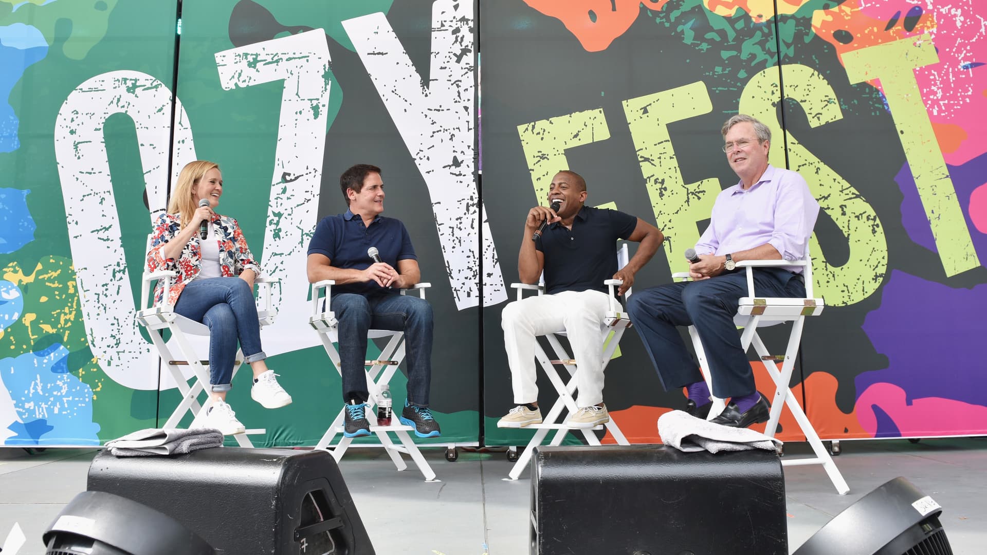 (L-R) Samantha Bee, Mark Cuban, CEO and Co-Founder Carlos Watson, and Jeb Bush speak onstage during OZY FEST 2017 Presented By OZY.com at Rumsey Playfield on July 22, 2017 in New York City.