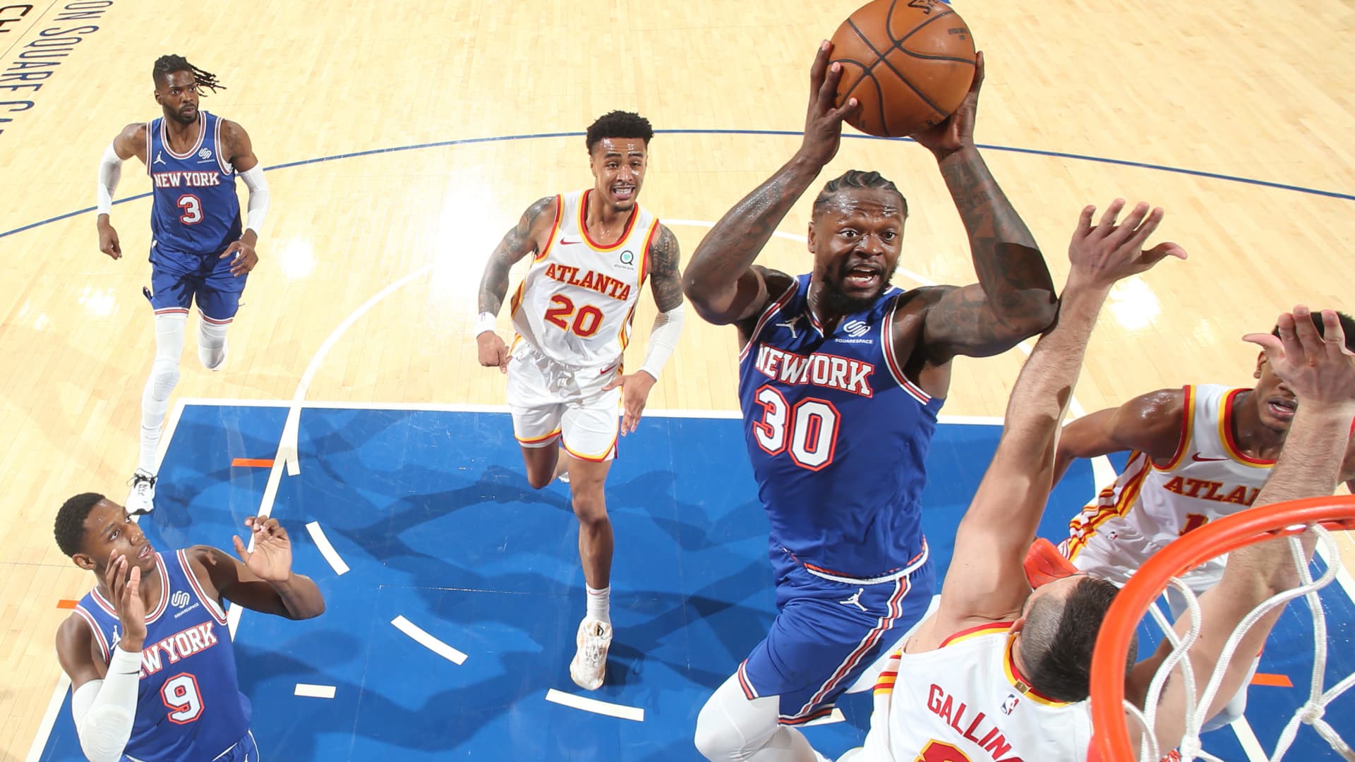 Julius Randle #30 of the New York Knicks drives to the basket against the Atlanta Hawks during Round 1, Game 5 of the 2021 NBA Playoffs on June 2, 2021 at Madison Square Garden in New York City, New York.
