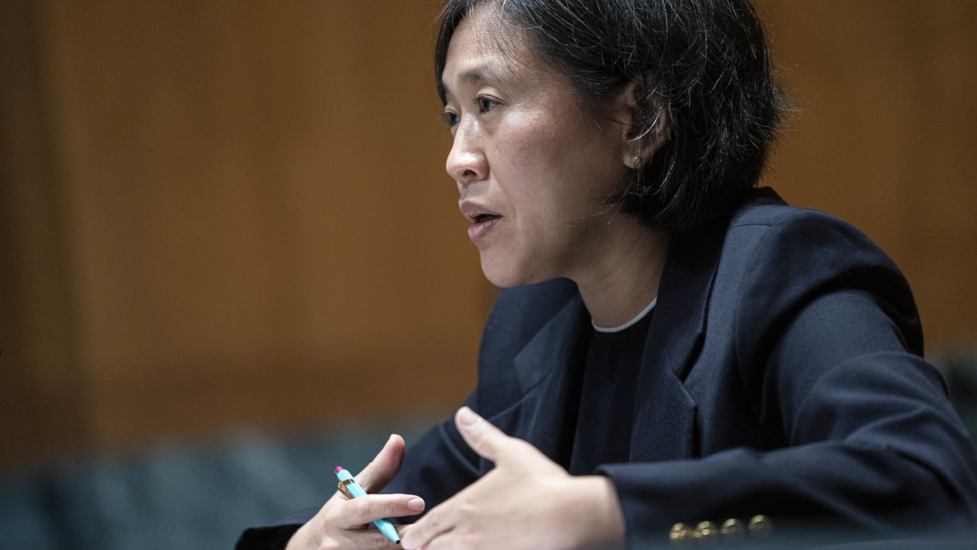 U.S. Trade Representative Katherine Tai testifies before the Senate Appropriations Subcommittee on Commerce, Justice, Science, and Related Agencies during a hearing on the proposed budget for fiscal year 2022 for the Office of the U.S. Trade Representative on Capitol Hill on April 28, 2021 in Washington, DC.
