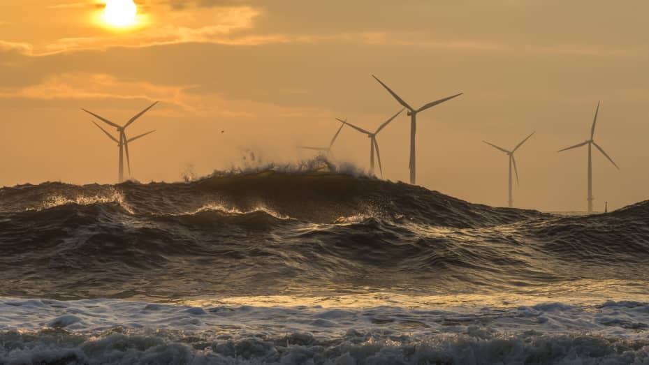 Wind turbines in waters off the coast of the U.K.