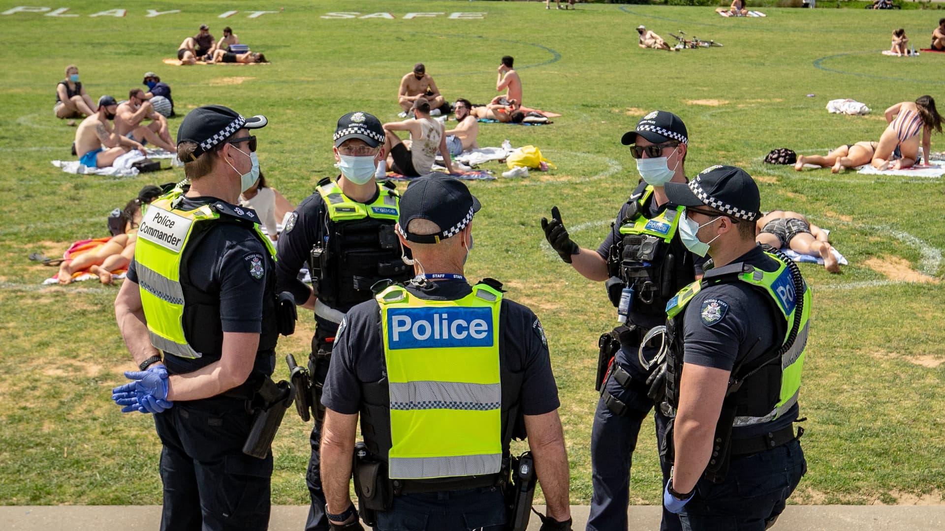 Victoria Police patrol at St Kilda beach on October 03, 2020 in Melbourne, Australia. Coronavirus restrictions eased slightly across Melbourne from Monday 28 September as Victoria enters into its second step in the government's roadmap to reopening.