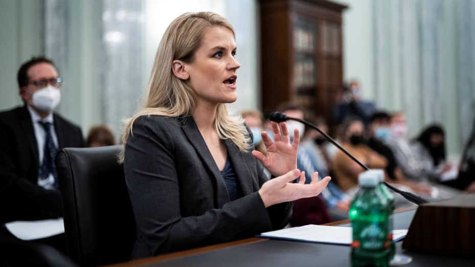Former Facebook employee and whistleblower Frances Haugen testifies during a Senate Committee on Commerce, Science, and Transportation hearing entitled 'Protecting Kids Online: Testimony from a Facebook Whistleblower' on Capitol Hill, in Washington, U.S.,