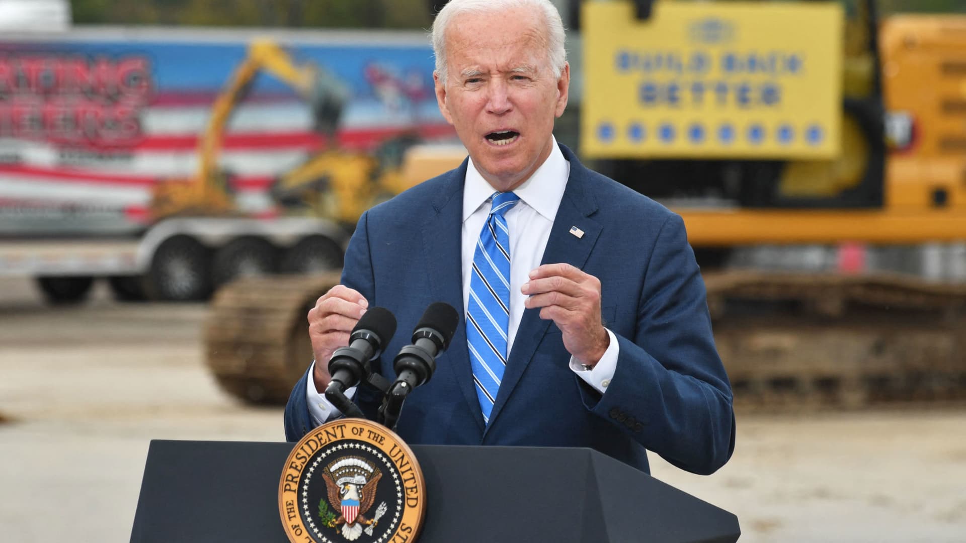 US President Joe Biden speaks about the bipartisan infrastructure bill and his Build Back Better agenda at the International Union of Operating Engineers Training Facility in Howell, Michigan, on October 5, 2021.
