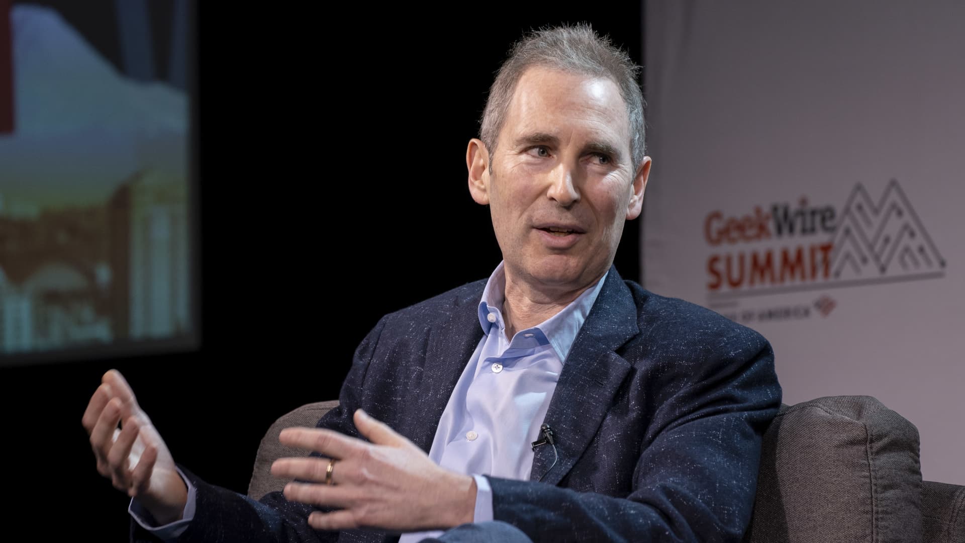 Andy Jassy, chief executive officer of Amazon.Com Inc., speaks during the GeekWire Summit in Seattle, Washington, U.S., on Tuesday, Oct. 5, 2021.