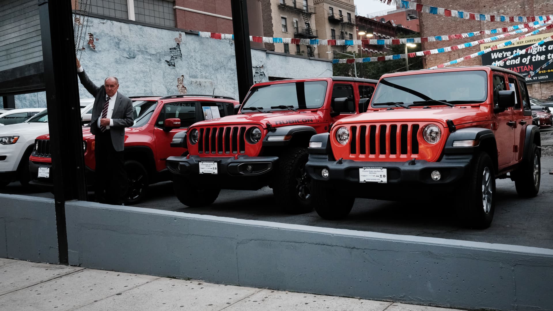 New Jeeps on display at a New York City car dealership on Oct. 5, 2021.