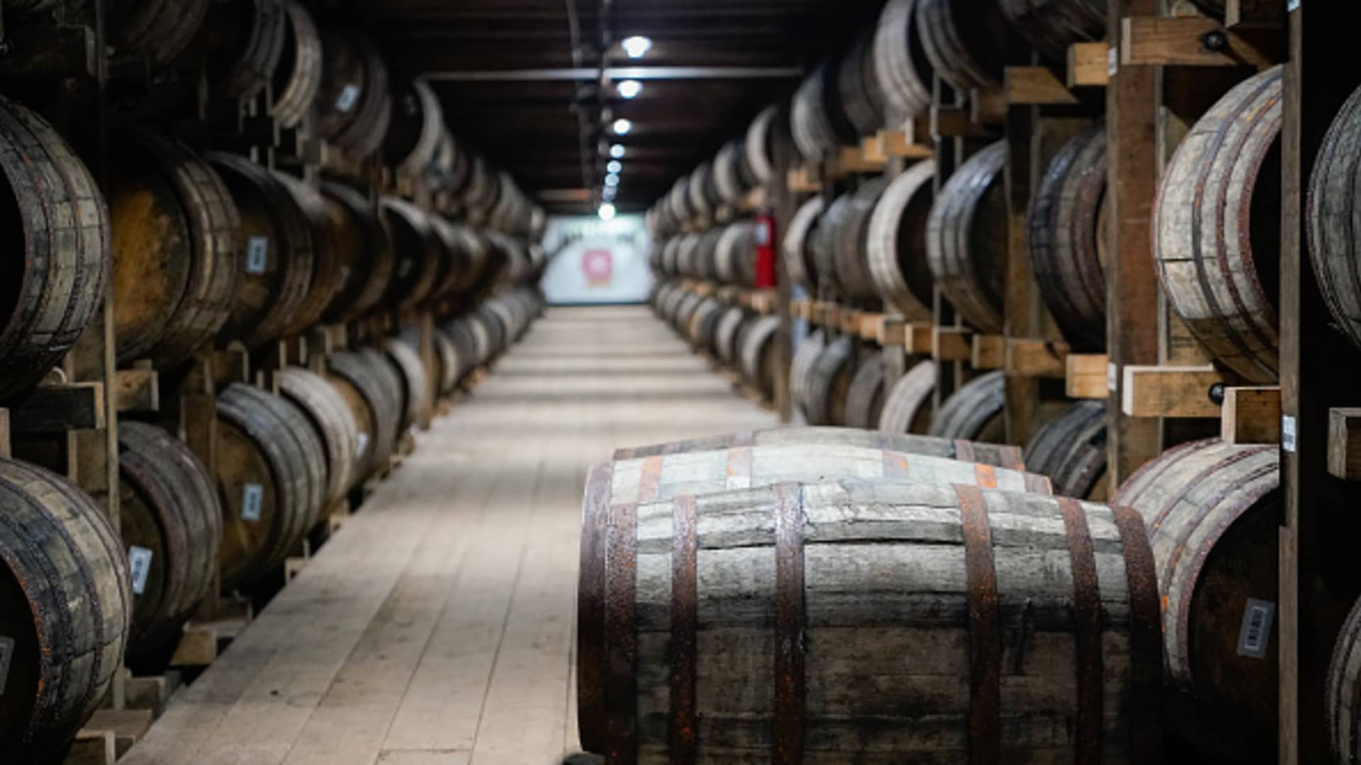 Barrels of bourbon are stacked in a barrel house at the Jim Beam Distillery on February 17, 2020 in Clermont, Kentucky.