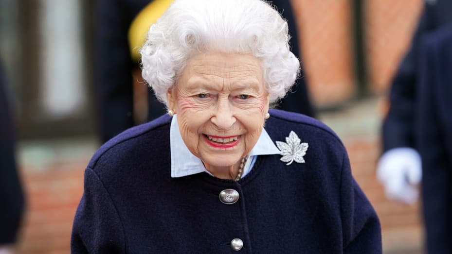 Britain's Queen Elizabeth reacts during a meeting with members of the Royal Regiment of Canadian Artillery at Windsor Castle in Windsor, Britain, October 6, 2021.