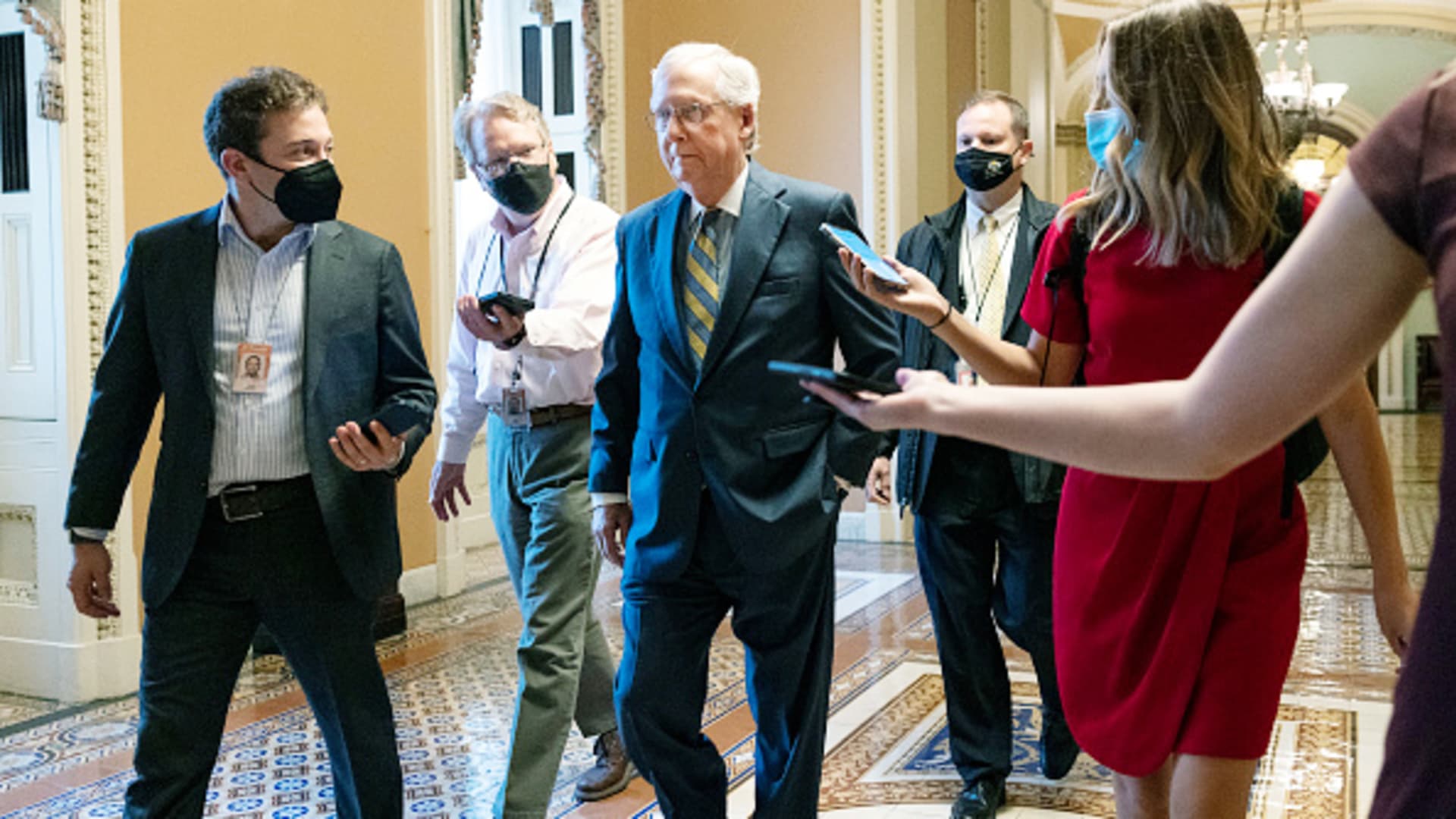 Senate Minority Leader Mitch McConnell (R-KY) walks to his office at the U.S. Capitol on October 06, 2021 in Washington, DC.