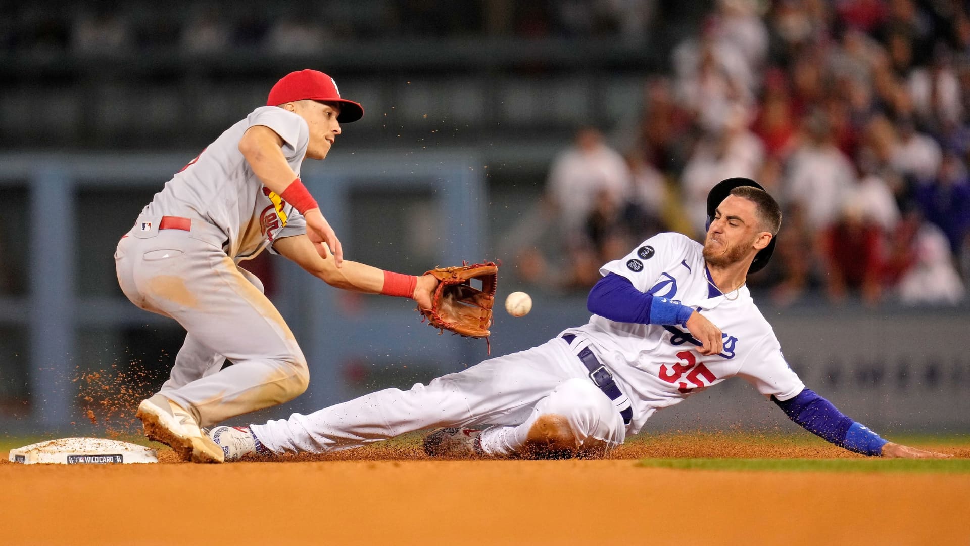Los Angeles Dodgers center fielder Cody Bellinger (35) steals second base as St. Louis Cardinals second baseman Tommy Edman (19) takes the late throw at Dodger Stadium in the 2021 National League Wild Card game.