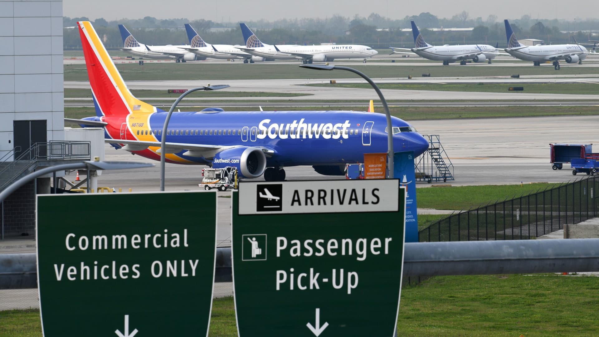 A Southwest Airlines Boeing 737 MAX 8 aircraft is pictured in front of United Airlines planes, including Boeing 737 MAX 9 models, at William P. Hobby Airport in Houston, Texas, March 18, 2019.