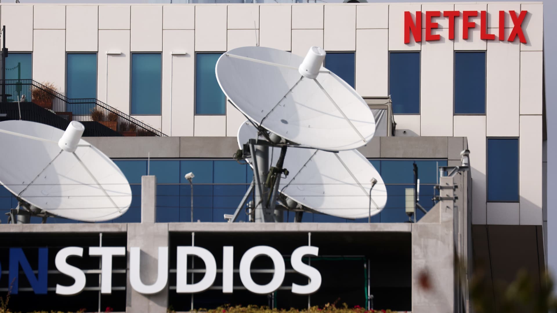 The Netflix logo is displayed at Netflix's Los Angeles headquarters (TOP) on October 07, 2021 in Los Angeles, California.