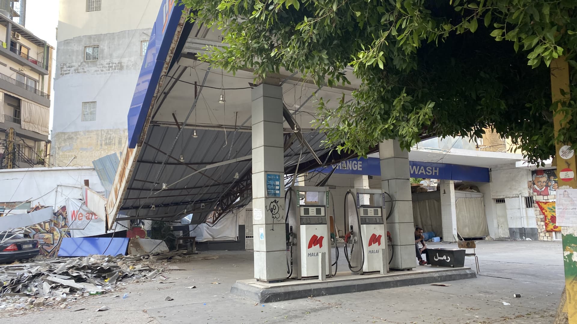 A gas station destroyed in the Beirut port explosion of August 2020 remains unrepaired in the city's Mar Mikhael district, more than a year after the blast. Beirut, Lebanon, September 25, 2021.