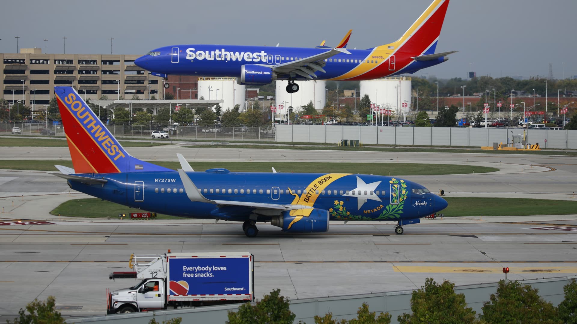 A Southwest Airlines Co. Boeing 737 passenger jet arrives at Midway International Airport (MDW) in Chicago, Illinois, U.S., on Monday, Oct. 11, 2021.
