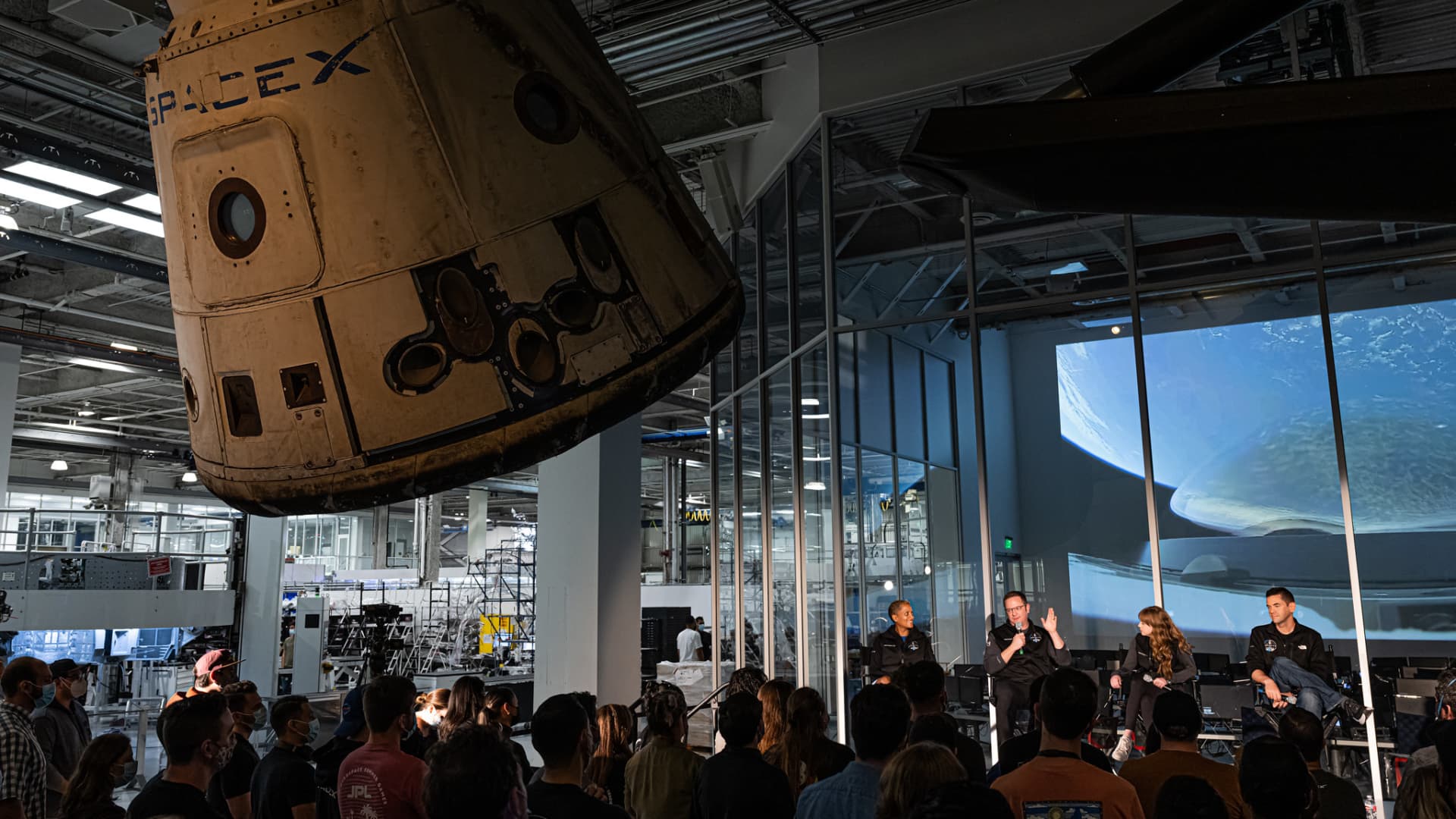 The Inspiration4 crew speaks to SpaceX employees at the company's headquarters in California.