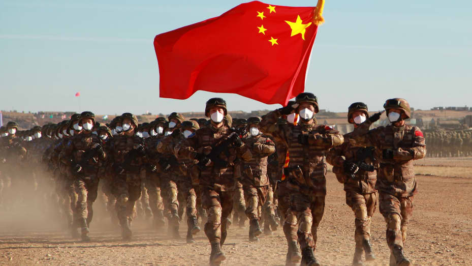 Chinese troops attend the opening ceremony of the Peace Mission 2021 joint counterterrorism military exercise on September 20, 2021.
