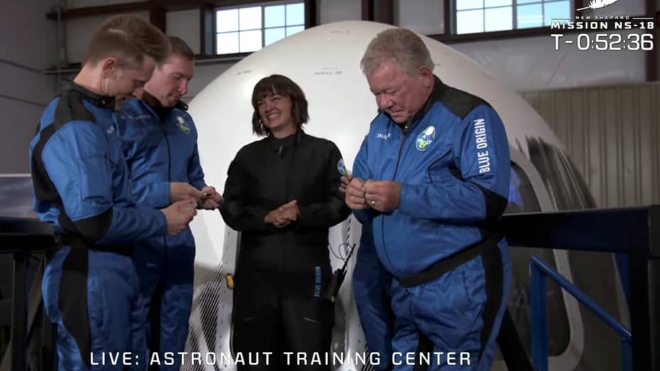 "Star Trek" actor William Shatner is presented with a challenge coins along with former NASA engineer Chris Boshuizen, clinical research entrepreneur Glen de Vries and Blue Origin vice president and engineer Audrey Powers before their suborbital flight on
