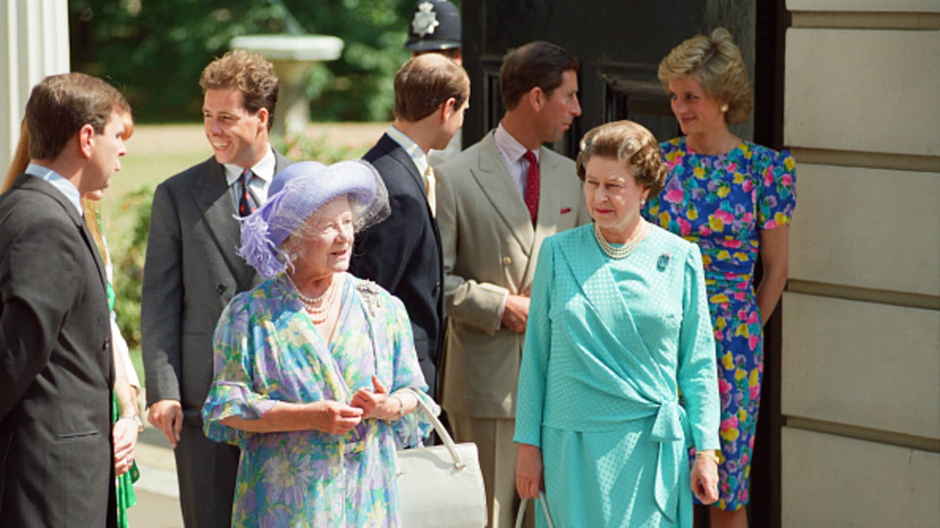 The Royal Family standing outside Clarence House on the 89th Birthday of the Queen Mother including Prince Andrew the Duke of York, Queen Elizabeth II, Prince Charles, Princess Diana, Sarah Ferguson the Duchess of York, Prince Edward and Zara Phillips. 4th August 1989.