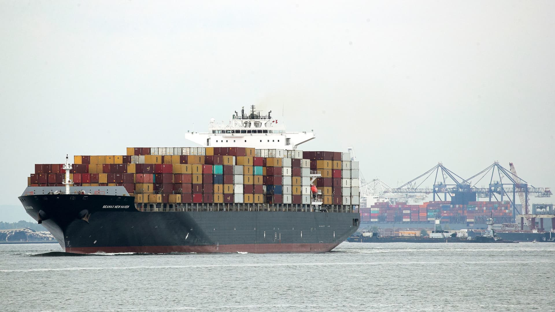 Containers are stacked on the deck of cargo ship Seamax New Haven as it is under way in New York Harbor in New York City, U.S. October 13, 2021.