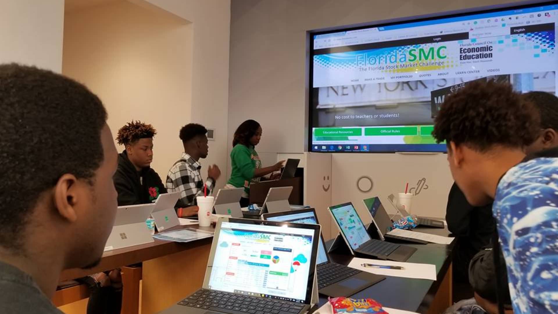 Students from 8 Cents in a Jar participate in 'The Stock Market Challenge', an online simulation of the global markets meant to teach them about economics and investing.