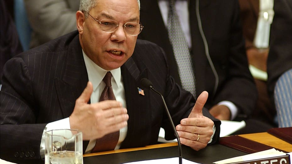 U.S. Secretary of State Colin Powell gestures as he addresses the Security Council February 14, 2003 at United Nations headquarters in New York City.
