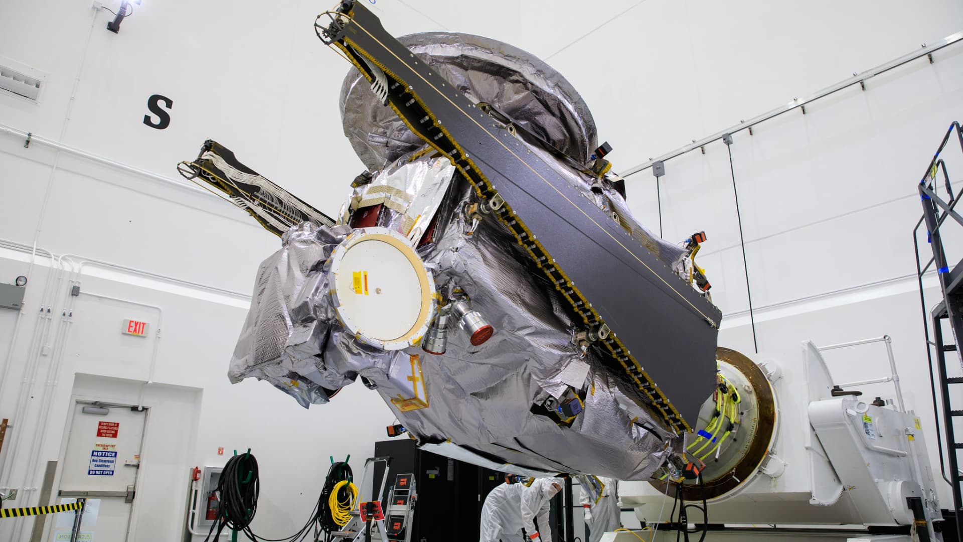 NASA's Lucy spacecraft is prepared for launch, with its solar arrays folded.
