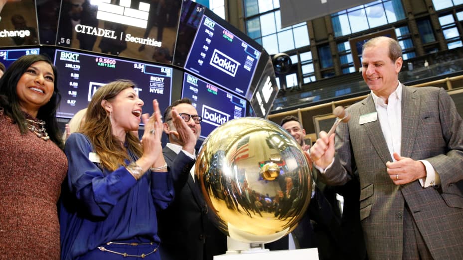 Gavin Michael, CEO of Bakkt rings a ceremonial bell on the floor of the New York Stock Exchange (NYSE) in New York City, October 18, 2021.
