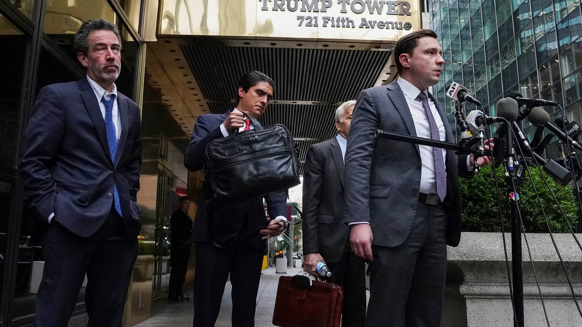 Plaintiff's lawyer Benjamin Dictor speaks to the media outside Trump Tower on the day that former U.S. President Donald Trump was deposed in the Manhattan borough of New York City, New York, October 18, 2021.