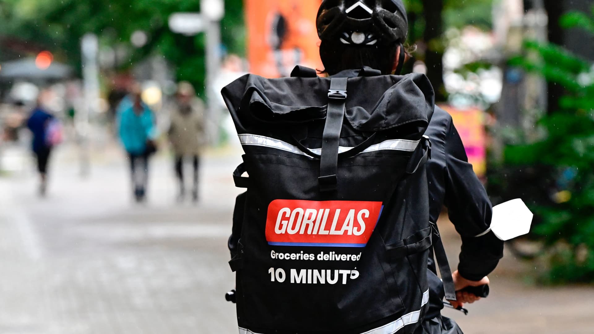 A courier for German grocery delivery start-up Gorillas, on his way to deliver an order in Berlin on July 8, 2021.