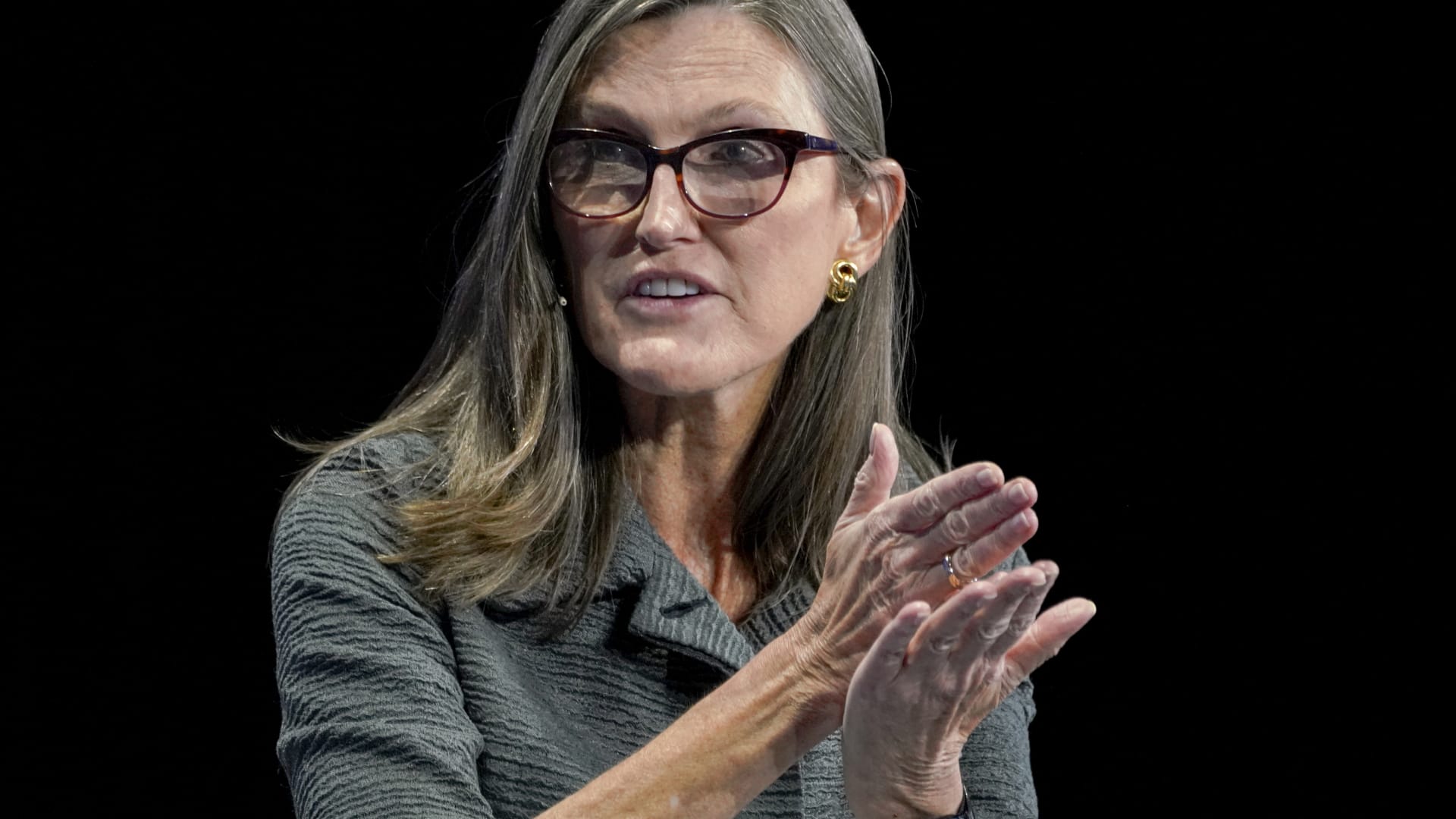 Catherine Wood, chief executive officer of ARK Investment Management LLC, speaks during the Milken Institute Global Conference in Beverly Hills, California, on Monday, Oct. 18, 2021.