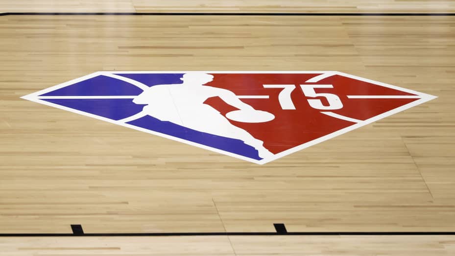 A diamond-themed logo commemorating the NBA's 75th anniversary is shown on the court during a game between the Oklahoma City Thunder and the Detroit Pistons during the 2021 NBA Summer League at the Thomas & Mack Center on August 8, 2021 in Las Vegas, Neva