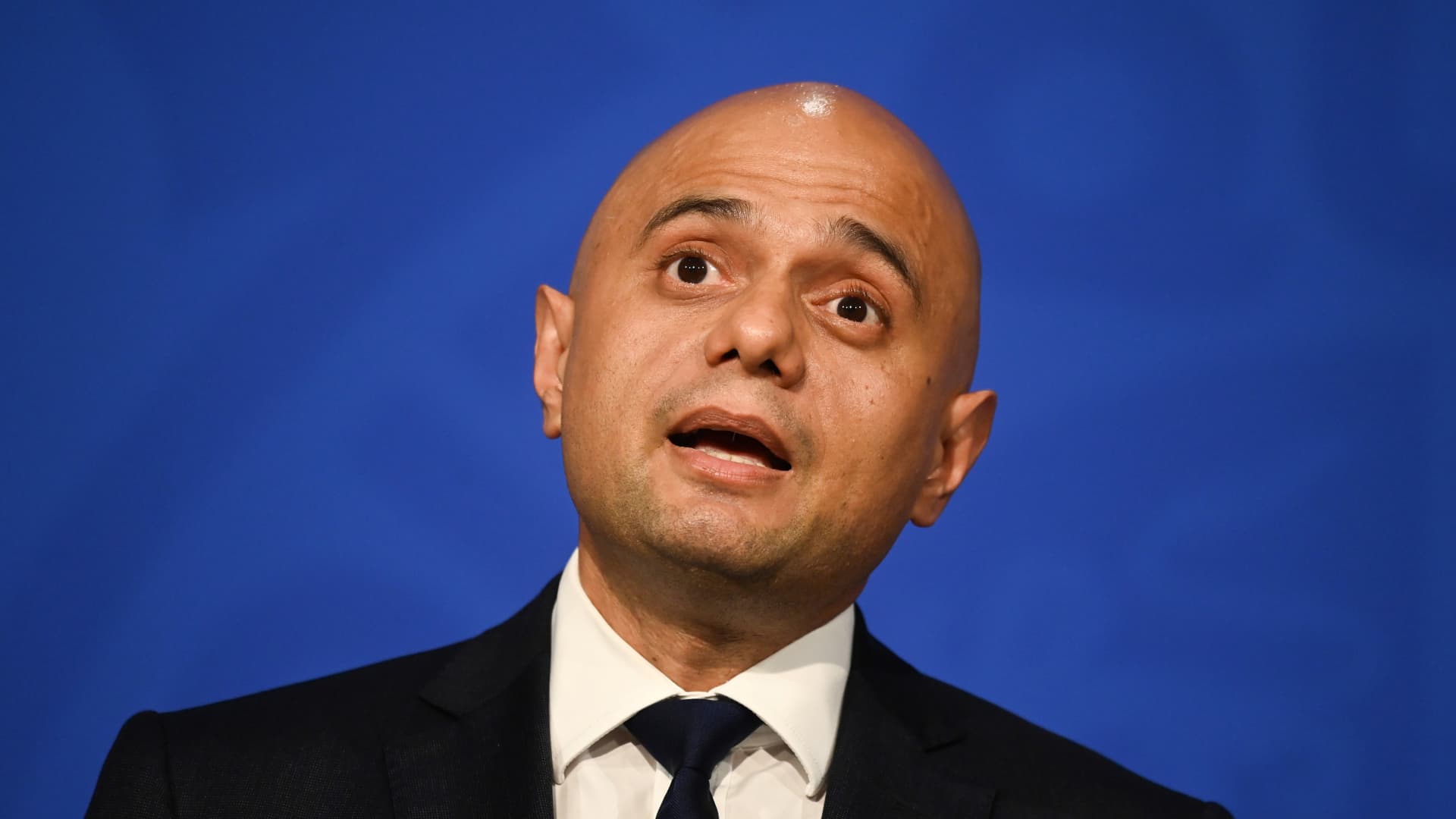 Britain's Health Secretary Sajid Javid speaks during a press conference at Downing Street on October 20, 2021 in London, England.