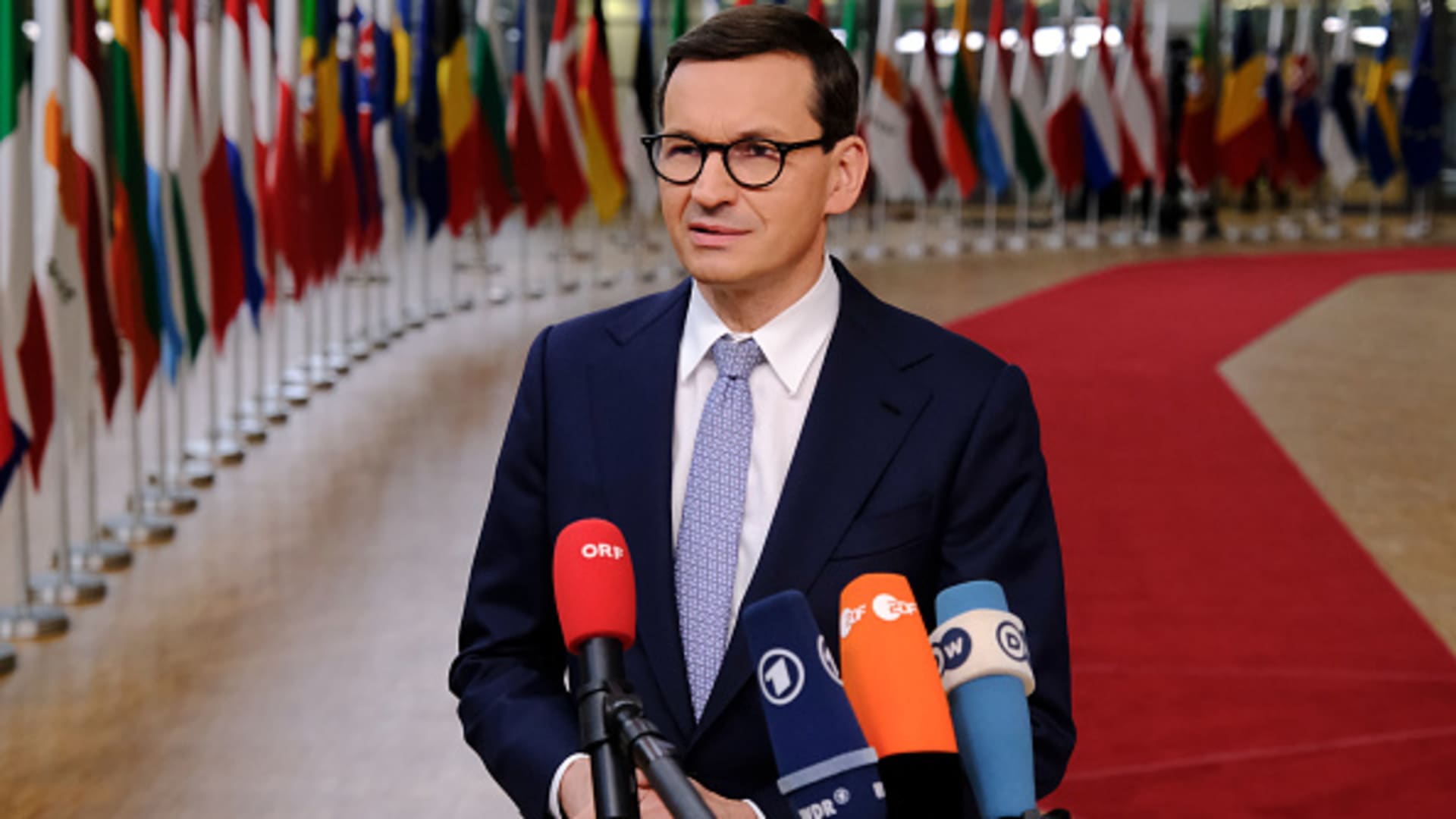 BRUSSELS, BELGIUM - OCTOBER 21: Poland's Prime Minister Mateusz Morawiecki speaks to media as he attends the EU Leaders' Summit on October 21, 2021 in Brussels, Belgium.