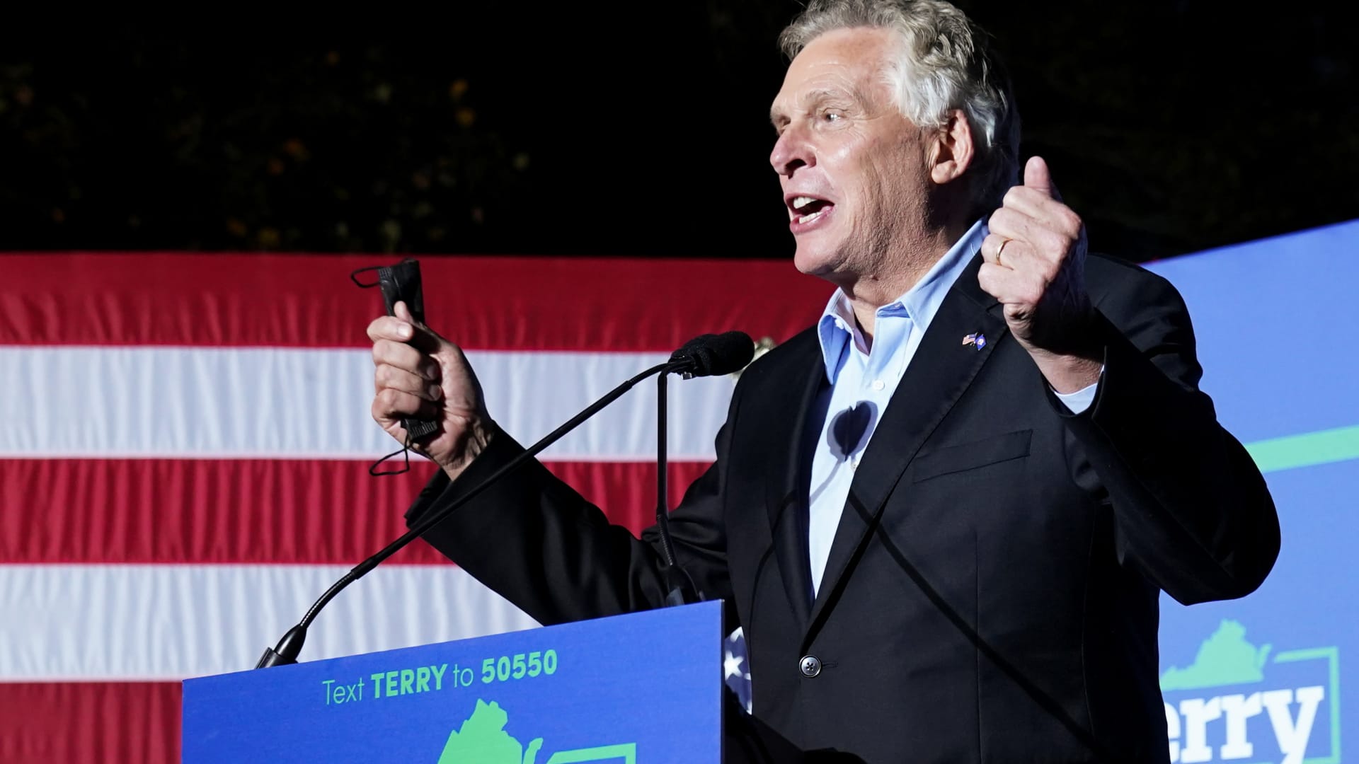 Candidate for Governor of Virginia Terry McAuliffe speaks during his campaign rally in Dumfries, Virginia October 21, 2021.