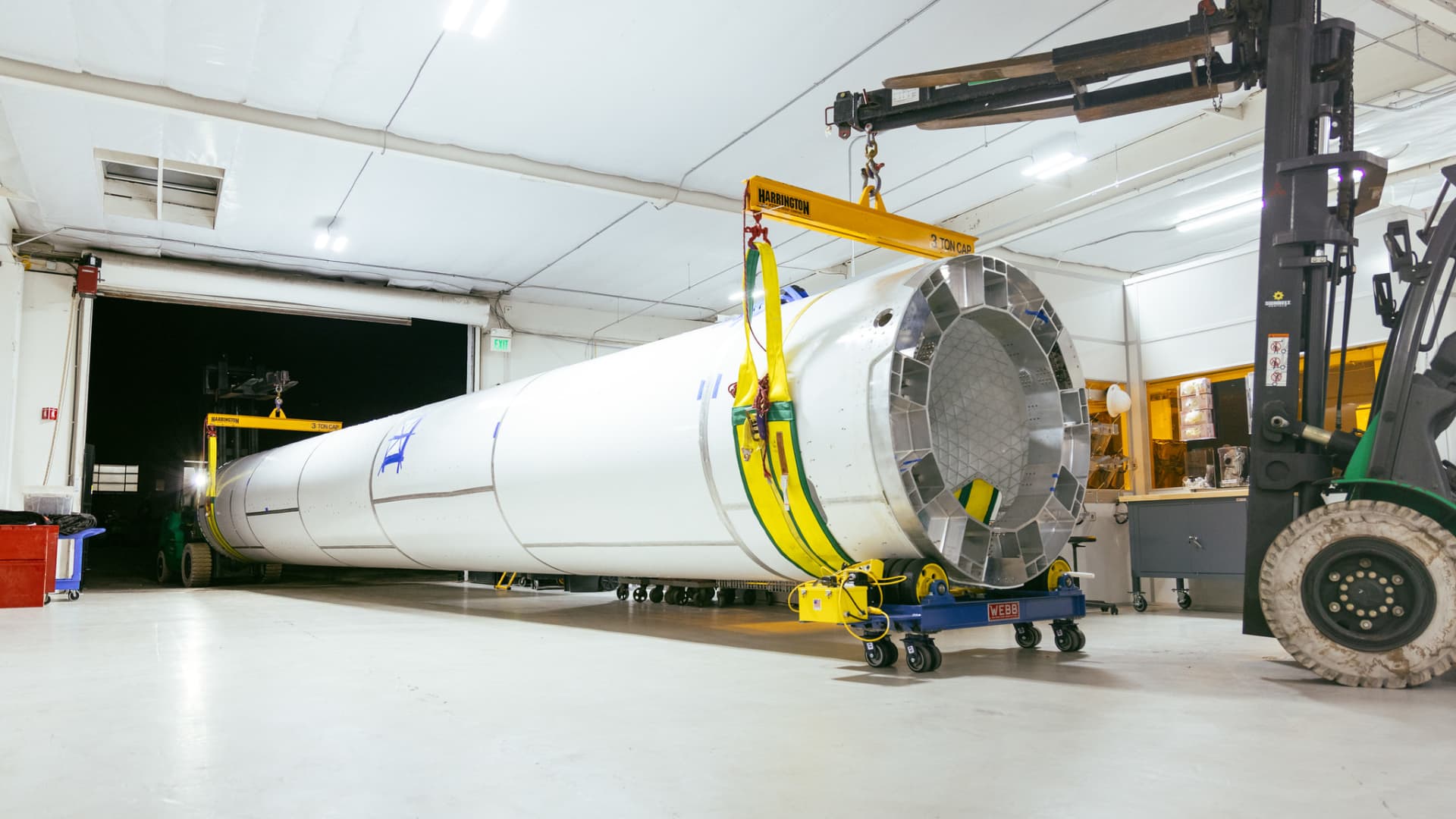 An RS1 rocket booster is shipped out of the company's headquarters in El Segundo, California.
