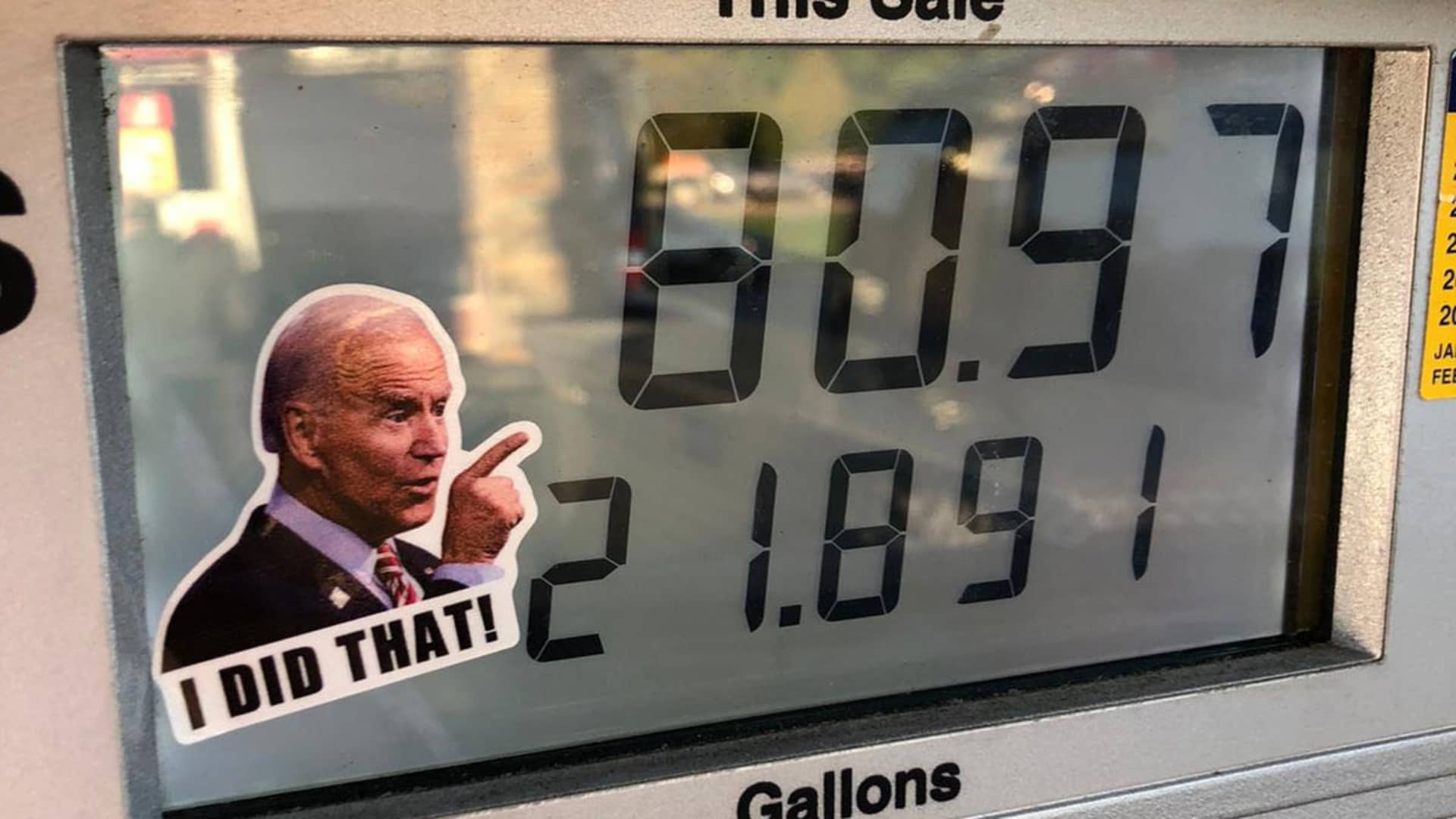 At a Wawa gas station in Claymont, Delaware - Biden's childhood home - a sticker affixed to the kiosk shows the president pointing and smiling at the total price of the purchase.