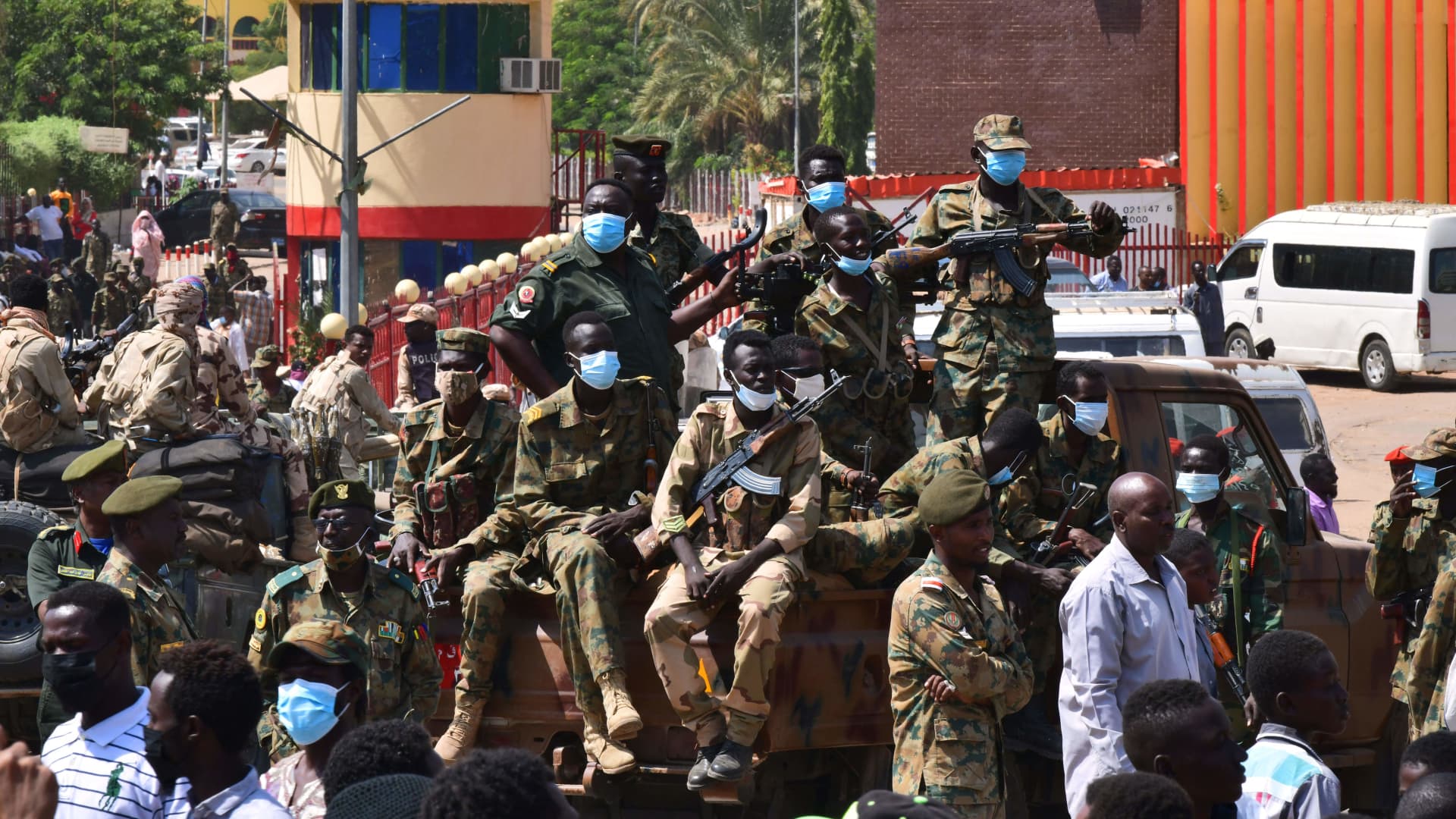 OMDURMAN, Sudan - Sudanese security forces keep watch as they protect a military hospital and government offices during protests against a military coup overthrowing the transition to civilian rule on October 25, 2021 in the capital's twin city of Omdurman.