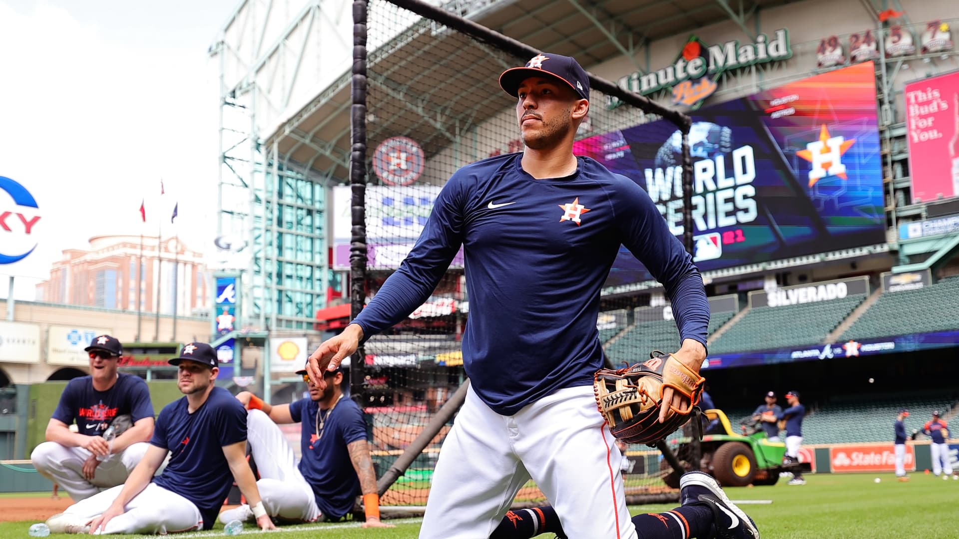 Carlos Correa #1 of the Houston Astros participates in a workout prior to the start of the World Series against the Atlanta Braves at Minute Maid Park on October 25, 2021 in Houston, Texas.