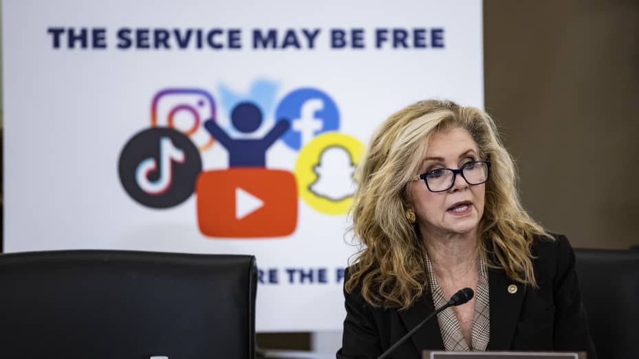 Ranking Member Sen. Marsha Blackburn (R-TN) speaks during a Senate Subcommittee on Consumer Protection, Product Safety, and Data Security hearing on Protecting Kids Online: Snapchat, TikTok, and YouTube on October 26, 2021 in Washington, DC.