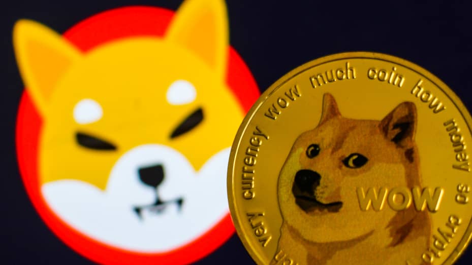 A physical dogecoin token is seen with the logo of rival cryptocurrency shiba inu displayed in the background.