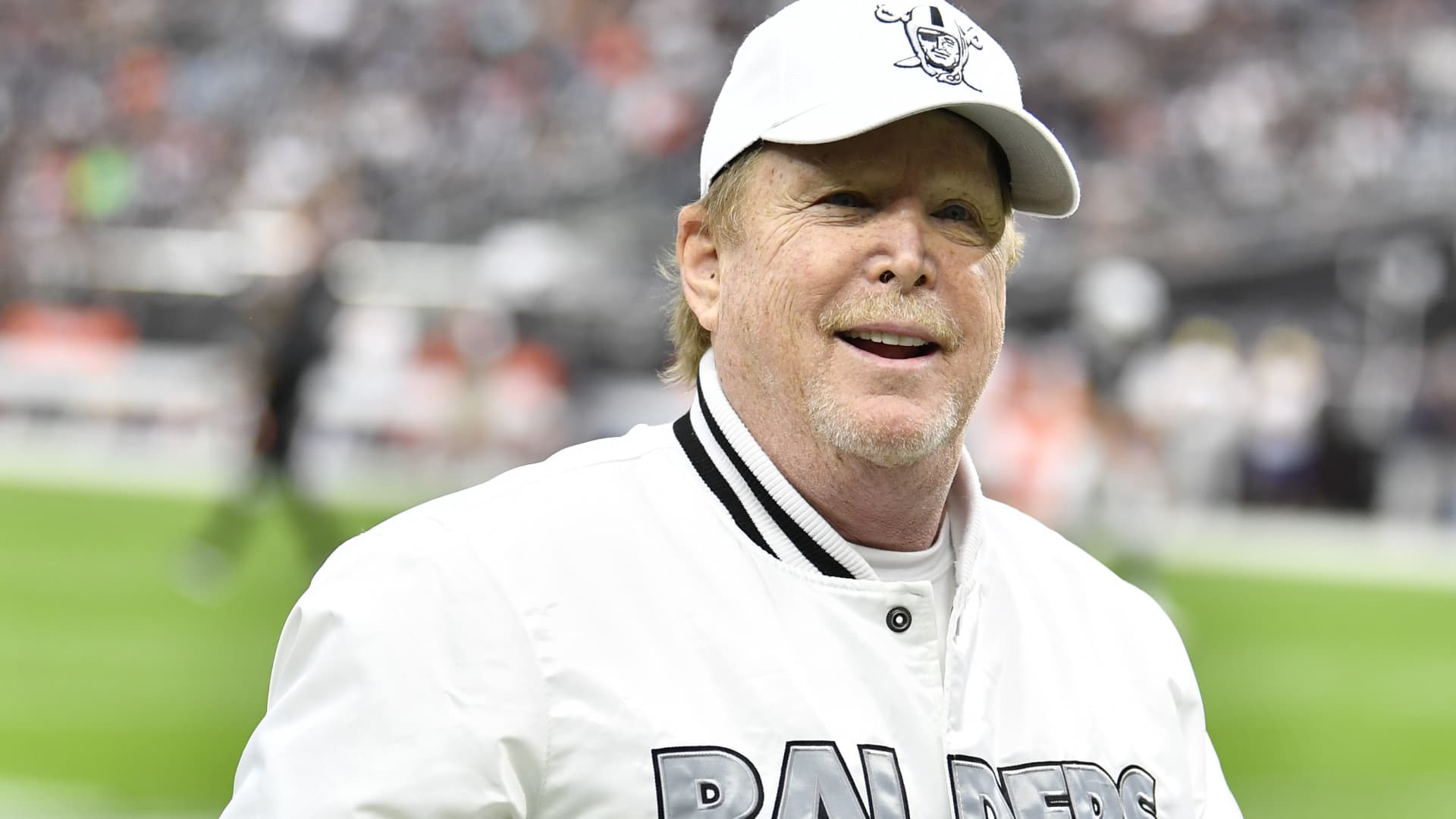 Owner Mark Davis of the Las Vegas Raiders looks on before a game against the Chicago Bears at Allegiant Stadium on October 10, 2021 in Las Vegas, Nevada.