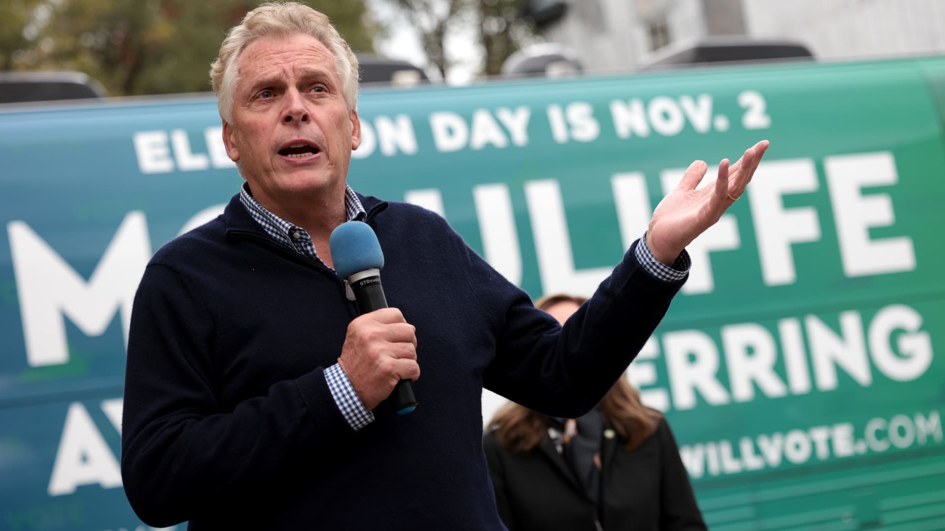 Democratic gubernatorial candidate, former Virginia Gov. Terry McAuliffe speaks to supporters at the Champion Brewing Company during a campaign event October 28, 2021 in Charlottesville, Virginia.