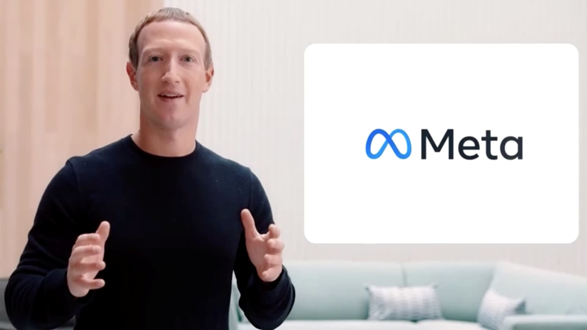 Facebook CEO Mark Zuckerberg speaks during a live-streamed virtual and augmented reality conference to announce the rebrand of Facebook as Meta, in this screen grab taken from a video released October 28, 2021.