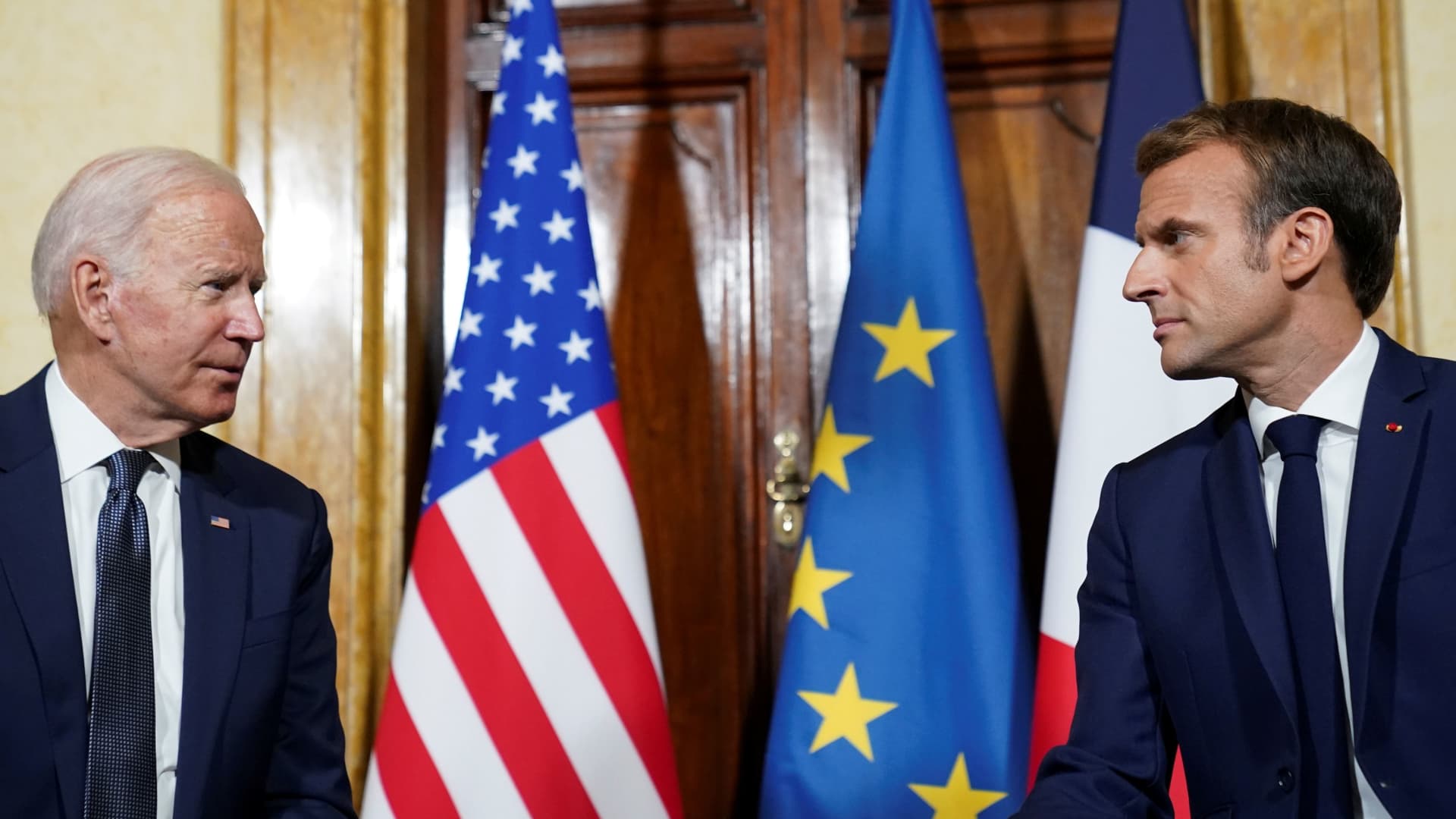 U.S. President Joe Biden meets with French President Emmanuel Macron ahead of the G20 summit in Rome, Italy, October 29, 2021.
