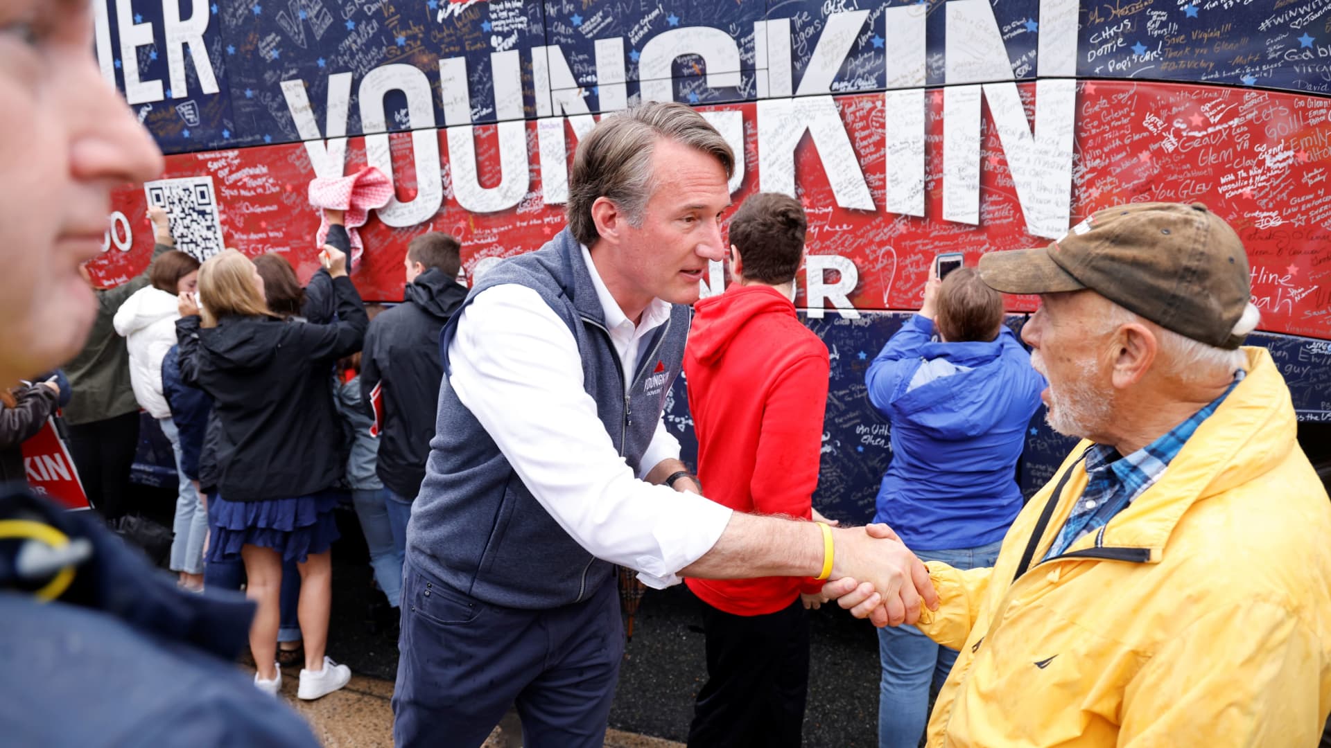 Republican candidate for governor of Virginia Glenn Youngkin greets supporters after a campaign event in Charlottesville, Virginia, U.S. October 29, 2021.